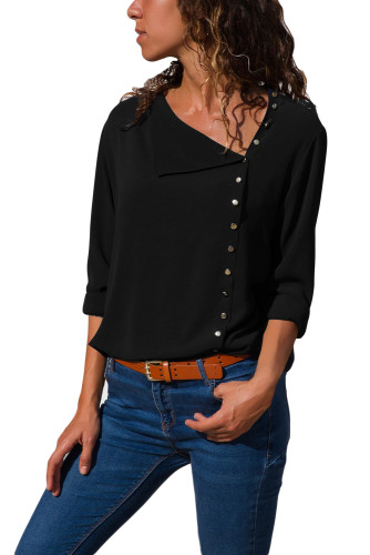 Black Turndown Collar Asymmetric Button Down Blouse