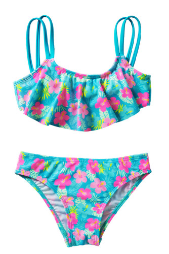 Girls' Ruffle Flower Print Two Piece Swimsuit Set