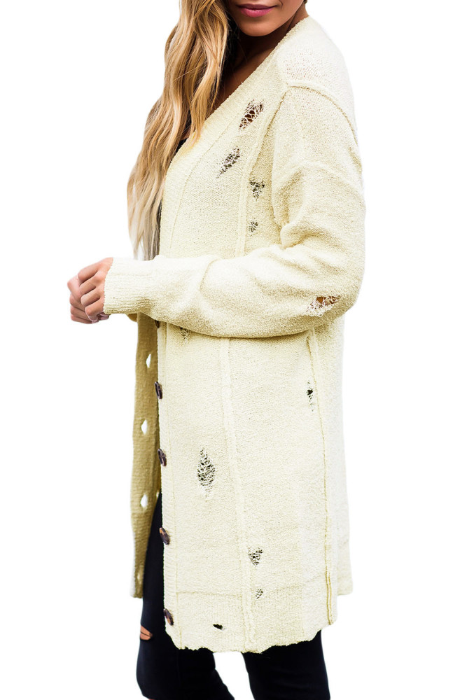 Beige Distressed Button Cardigan