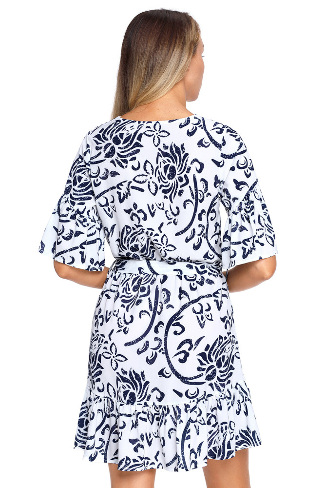 Blue Floral Pattern Ruffle Hem Chiffon Dress