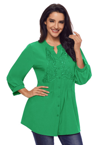 Green Lace and Pleated Detail Button up Blouse
