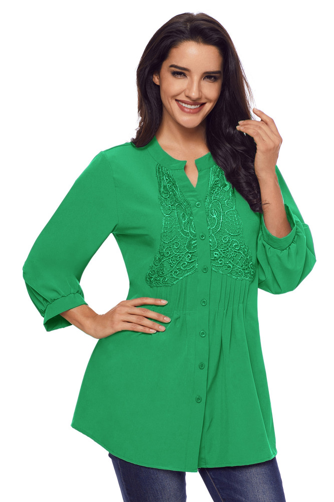Green Lace and Pleated Detail Button up Blouse