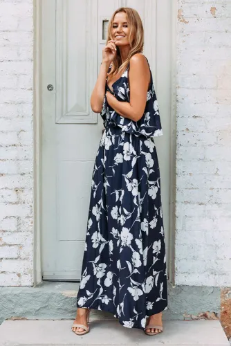 Chic Summer Boho Floral Maxi Dress in Navy