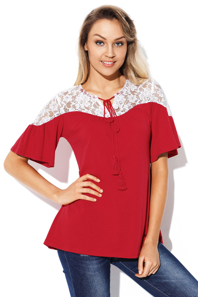 White Lace Splice Burgundy Short Sleeve Blouse