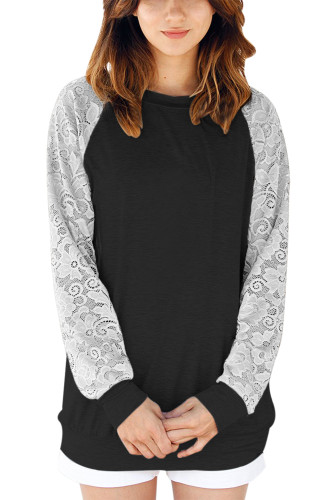 Lace Raglan Sleeve Black Casual Sweatshirt