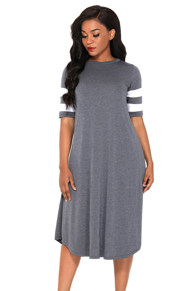 Striped Half Sleeves O Neck Flowy Jersey Dress in Gray