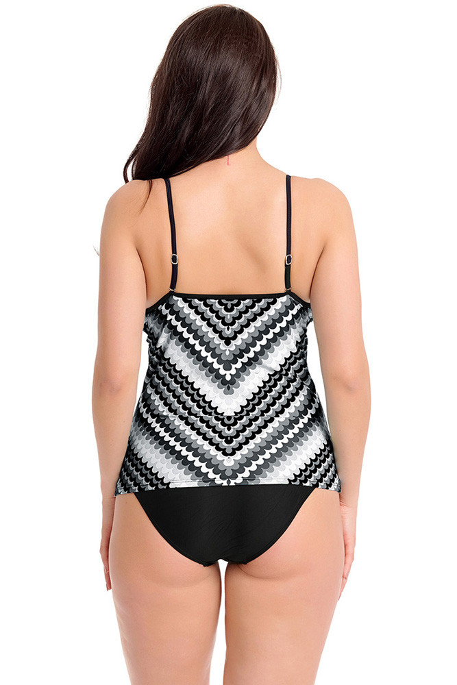 Black Scalloped Print Tankini Swimsuit