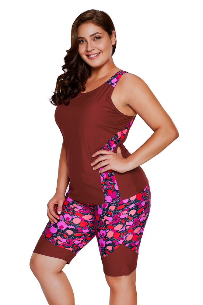 Burgundy Floral Insert Tankini and Short Sports Suit