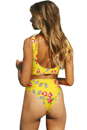 Tiny Floral Print Tie Front High Waist Bikinis