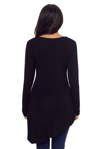 Black Faux Wrap Irregular Hemline O Neck Shirt