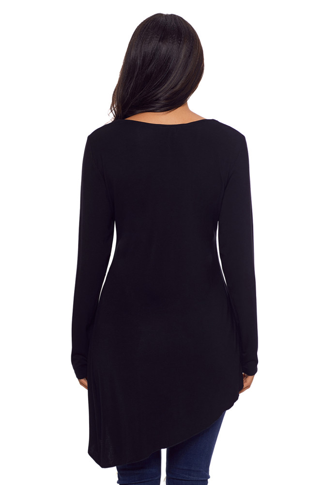 Black Faux Wrap Irregular Hemline O Neck Shirt