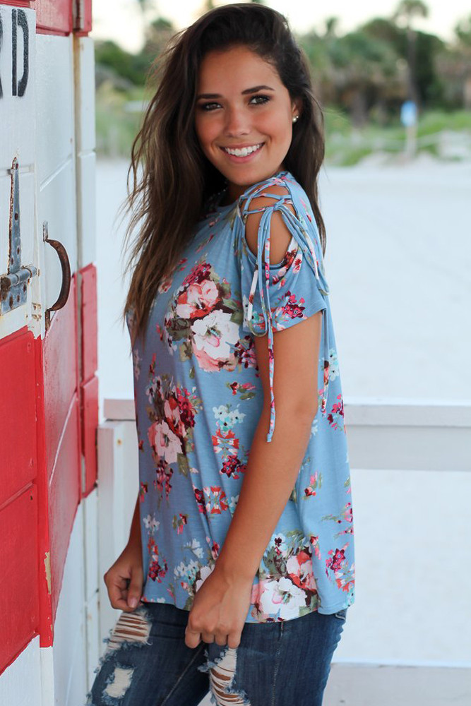 Blue Floral Top with Lace up Shoulder