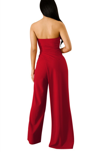 Red Asymmetric Split Leg Strapless Jumpsuit
