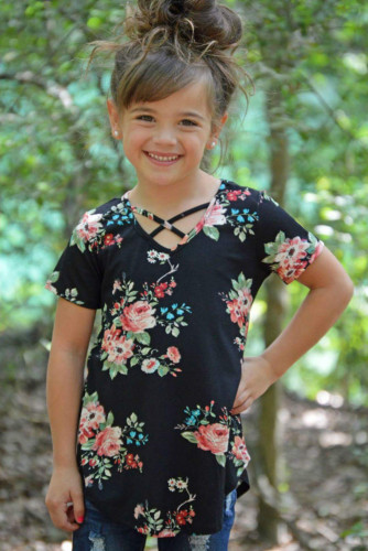 Black Crisscross V Neck Little Girl Floral Top