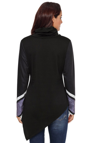 Black Asymmetric Hemline Printed Cowl Neck Sweatshirt