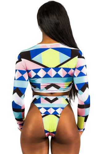 Geometric Colorblock Long Sleeve High Waist Swimsuit