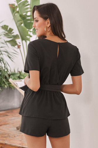 Black Half Sleeves Peplum Waist Romper