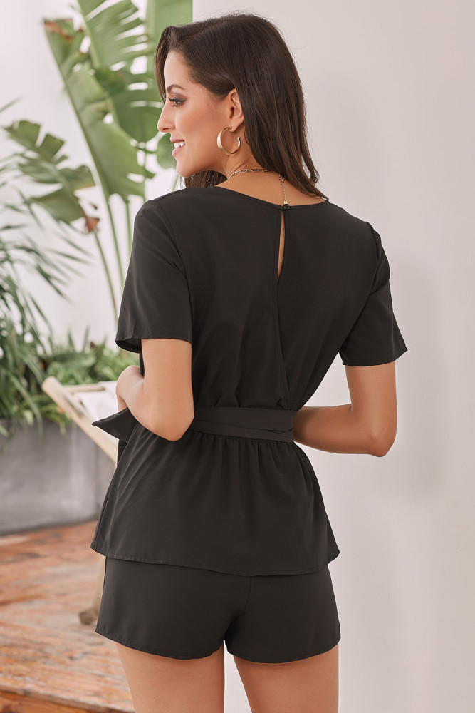 Black Half Sleeves Peplum Waist Romper