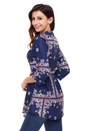 Stylish Floral Print Navy Chiffon Button-Down Pin Tuck Tunic