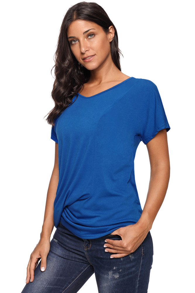 Royal Blue V-Neck Twist Ruched Basic Short Sleeve Tee