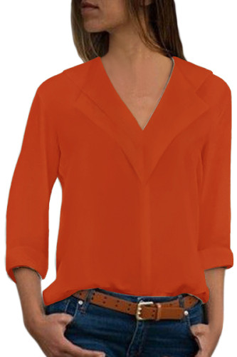 Orange Lapel V Neck Roll Sleeve Blouse