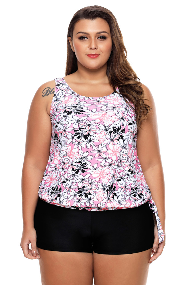 Pretty Flower Print Tie Side Tankini Short Swimsuit