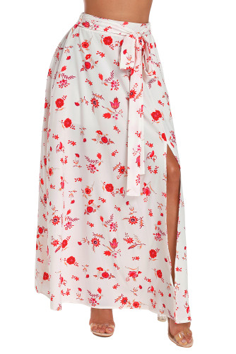 White Floral Front Thigh Slit Maxi Skirt
