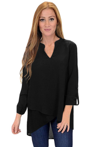 Black Asymmetric Hemline Roll Tab Sleeve Blouse
