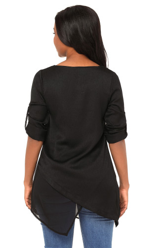 Black Roll-tab Sleeve Asymmetric Hemline Crepe Blouse