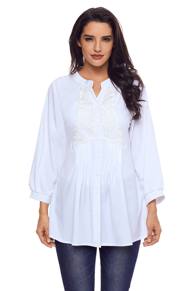 White Lace and Pleated Detail Button up Blouse