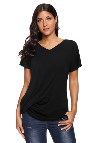 Black V-Neck Twist Ruched Basic Short Sleeve Tee
