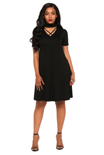 Black Soft Jersey Knit Cross Front Choker Dress