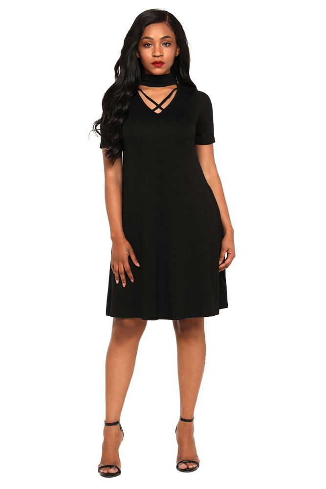 Black Soft Jersey Knit Cross Front Choker Dress