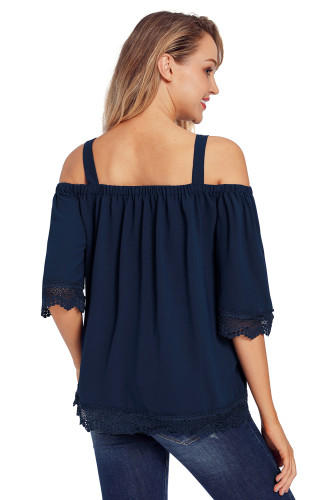 Navy Blue Crochet Lace Trim Cold Shoulder Blouse