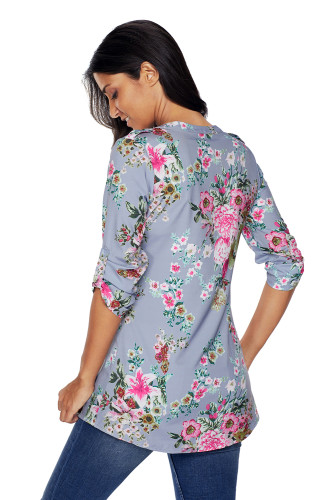 Gray V Neck Pleat Button Front Floral Tunic Top