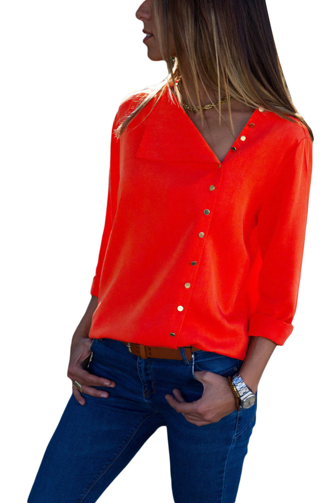 Red Turndown Collar Asymmetric Button Down Blouse
