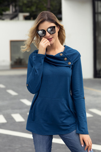 Dark Blue Cowl Neck Kangaroo Pocket Pullover Top