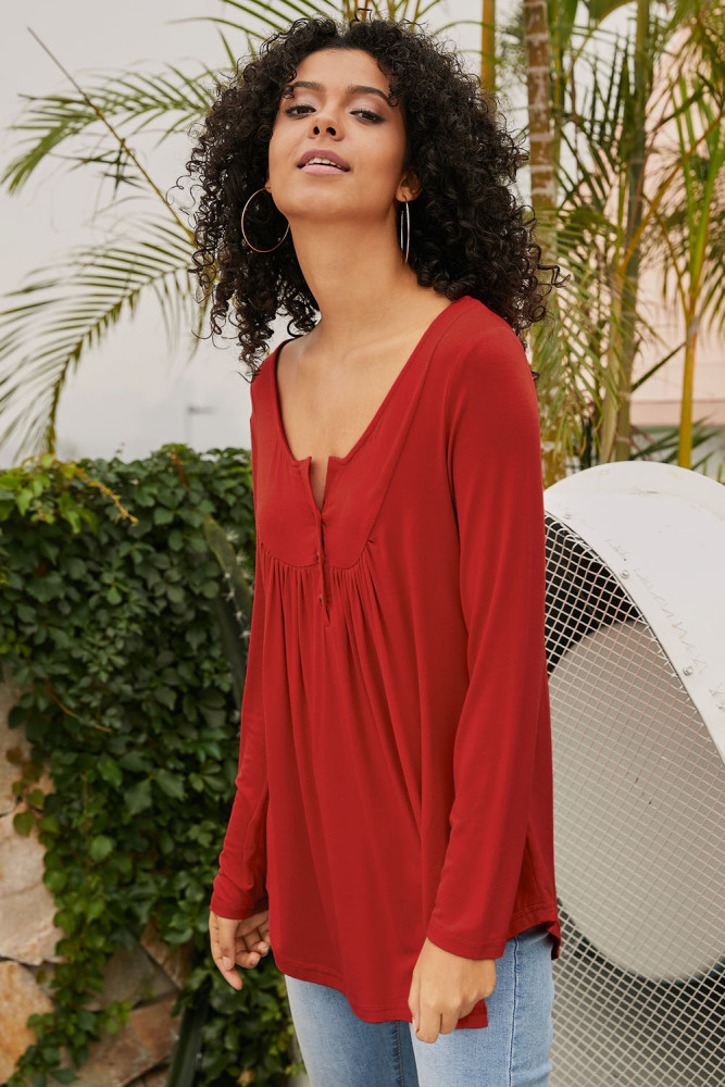 Red Long Sleeve Button up Pleated Tunic