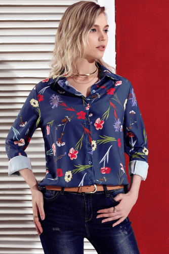 Dark Blue Long Sleeve Floral Print Button Front Shirt