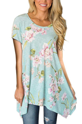 Light Blue Floral Irregular Hem Short Sleeve Blouse