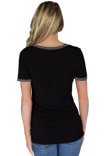 Gray Trimmed Black V Neck Pocket Top