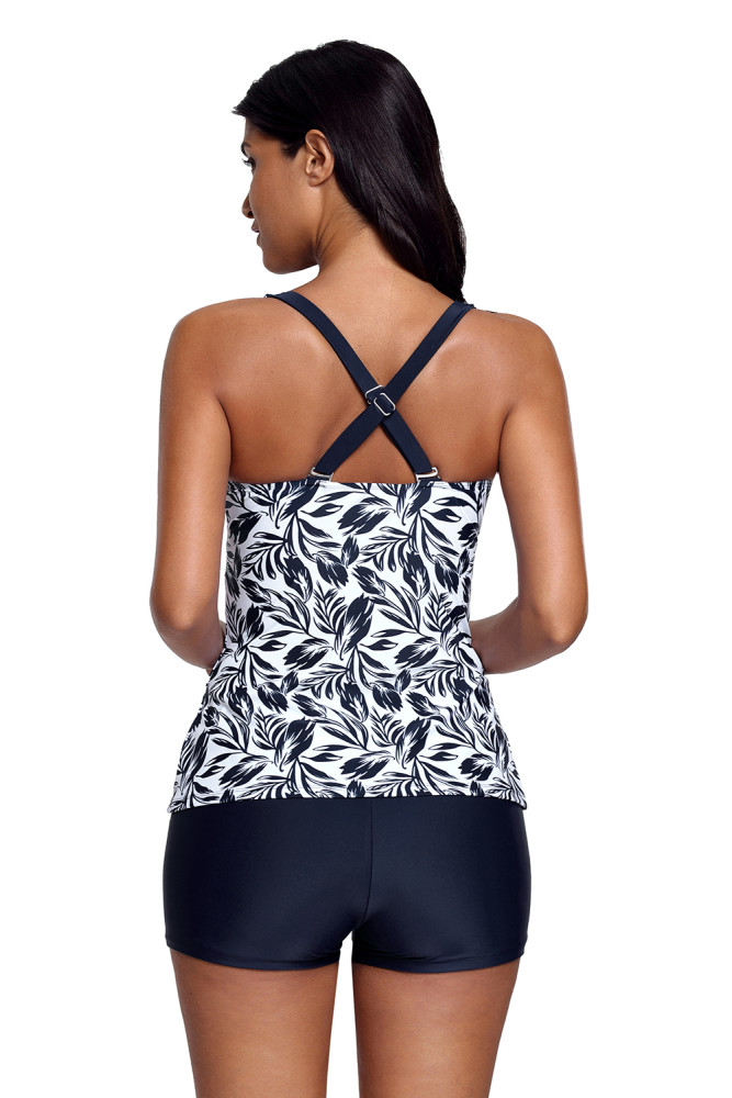 Navy Blue Leafage Print Tankini Swimsuit