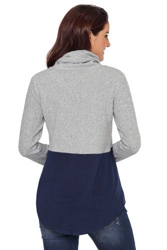 Grey Navy Colorblock Drawstring Cowl Neck Sweatshirt