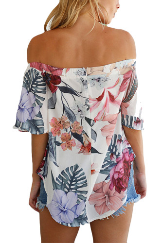 White Red Floral Print Half Sleeve Off Shoulder Blouse
