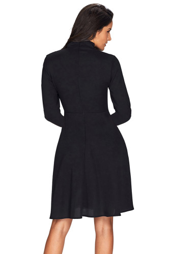 Patchwork Tie Neck Long Sleeve Black Flared Dress