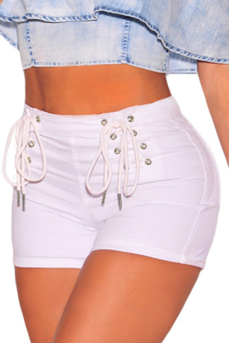 White Denim Double Lace Up Hot Shorts