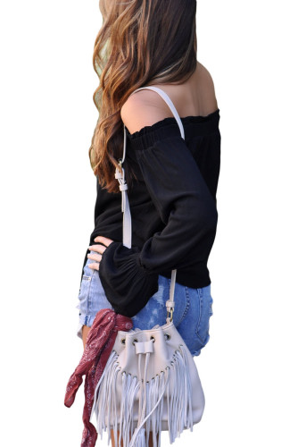 Black Elastic Off Shoulder Tie Front Bell Sleeve Top