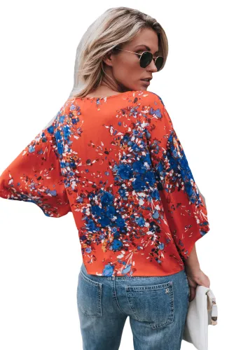 Orange Flowerlet Print Tie Front Kimono Sleeve Blouse