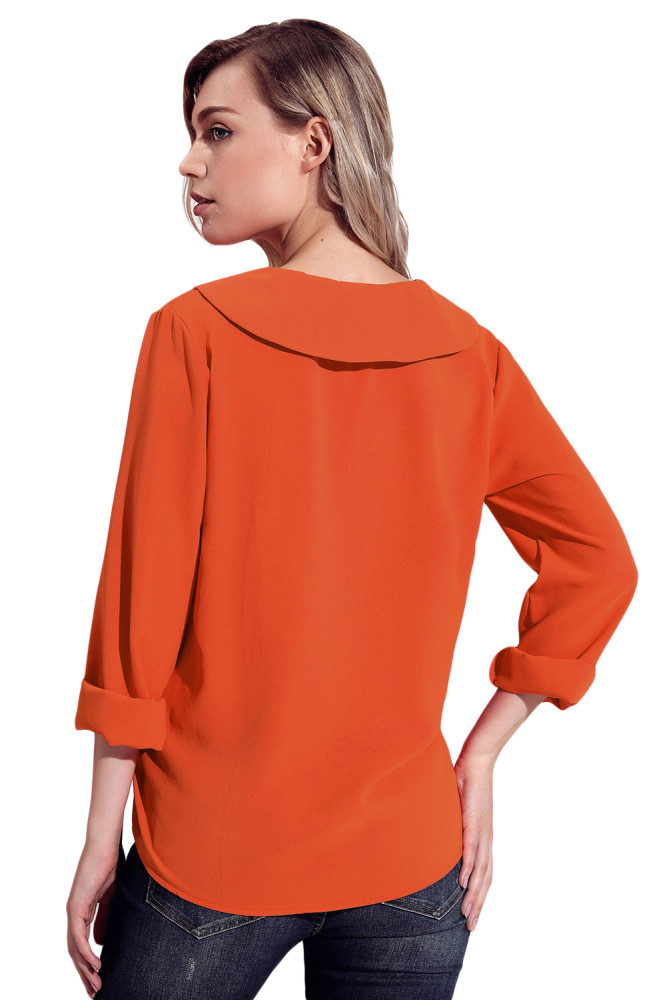 Orange Lapel V Neck Roll Sleeve Blouse