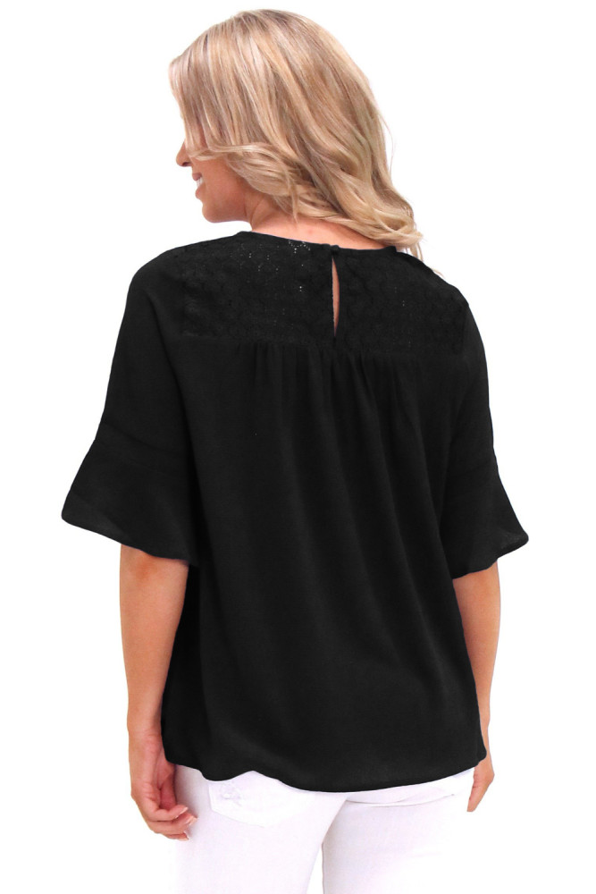 Black Crisscross Neck Lace Insert Bell Sleeve Top